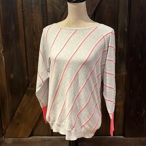 Pink, white and grey diagonal striped long sleeve sweater top